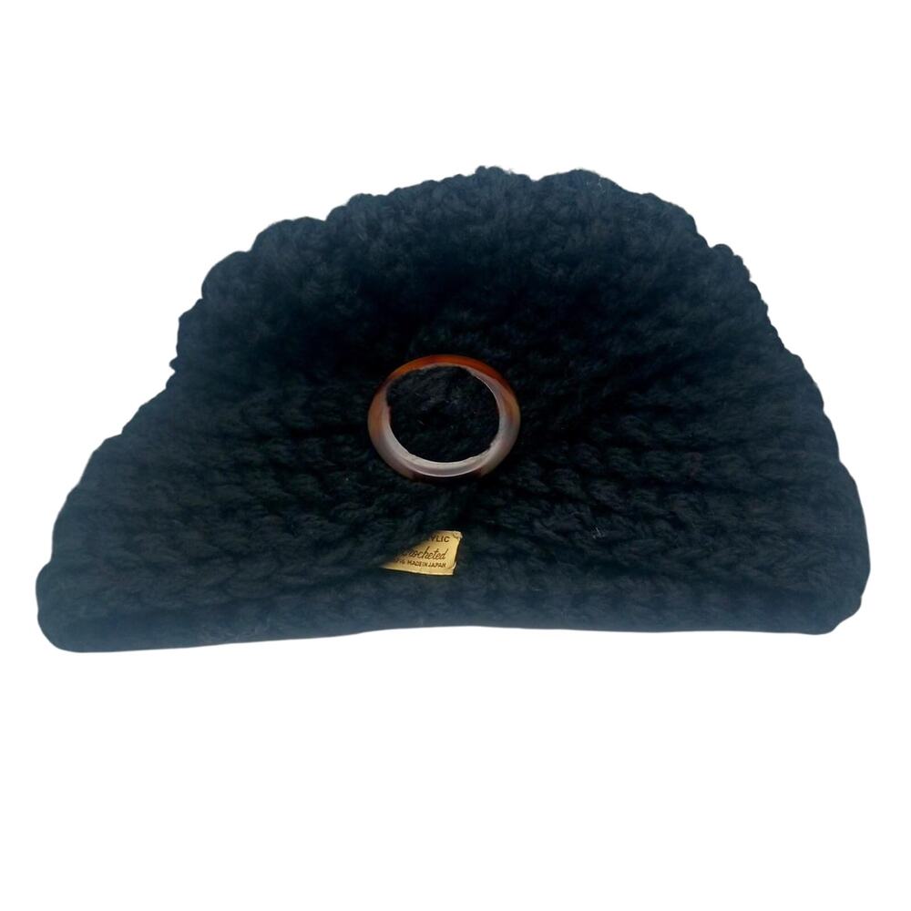 Vintage 60s black japanese hand crocheted knit turban hat Fall/Winter buckle